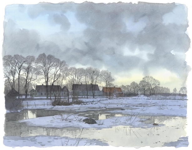 Reproducerad akvarell/giclée - Snösmältning i hästhagen i Övra Vannborga
